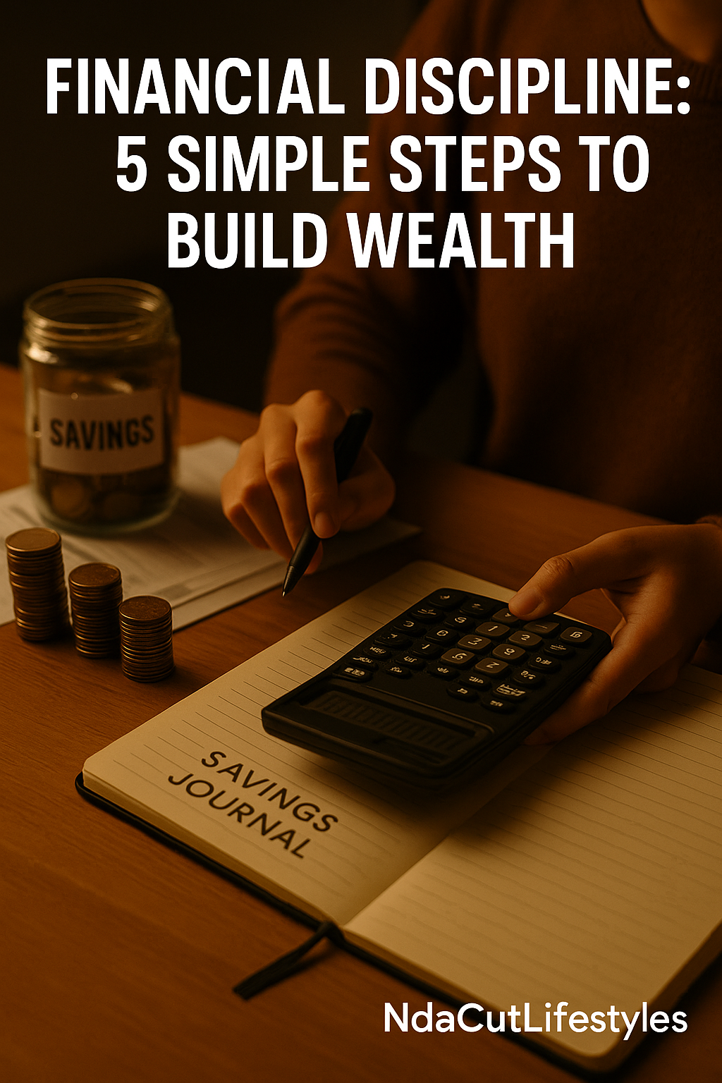 financial discipline concept showing a person budgeting with a calculator, coins, and savings journal under warm golden light symbolizing patience, focus, and long-term wealth building